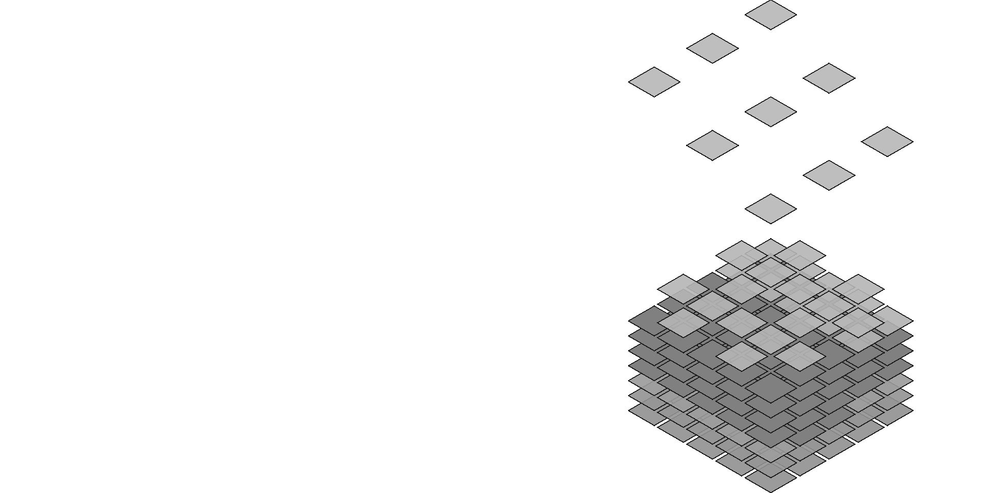 Isometric tiles converging into a cube formation